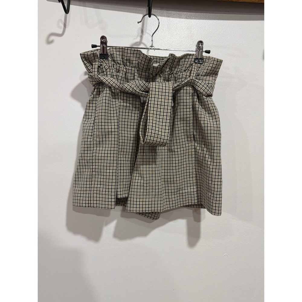 Wilfred Aritzia Plaid Paperbag Waist Shorts Tan Black 6